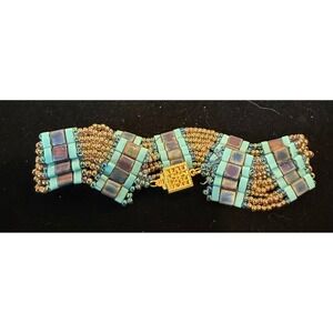 Handmade Womens 7.5" Beaded Statement Bracelet Turquoise Bronze Wave Boho Clasp